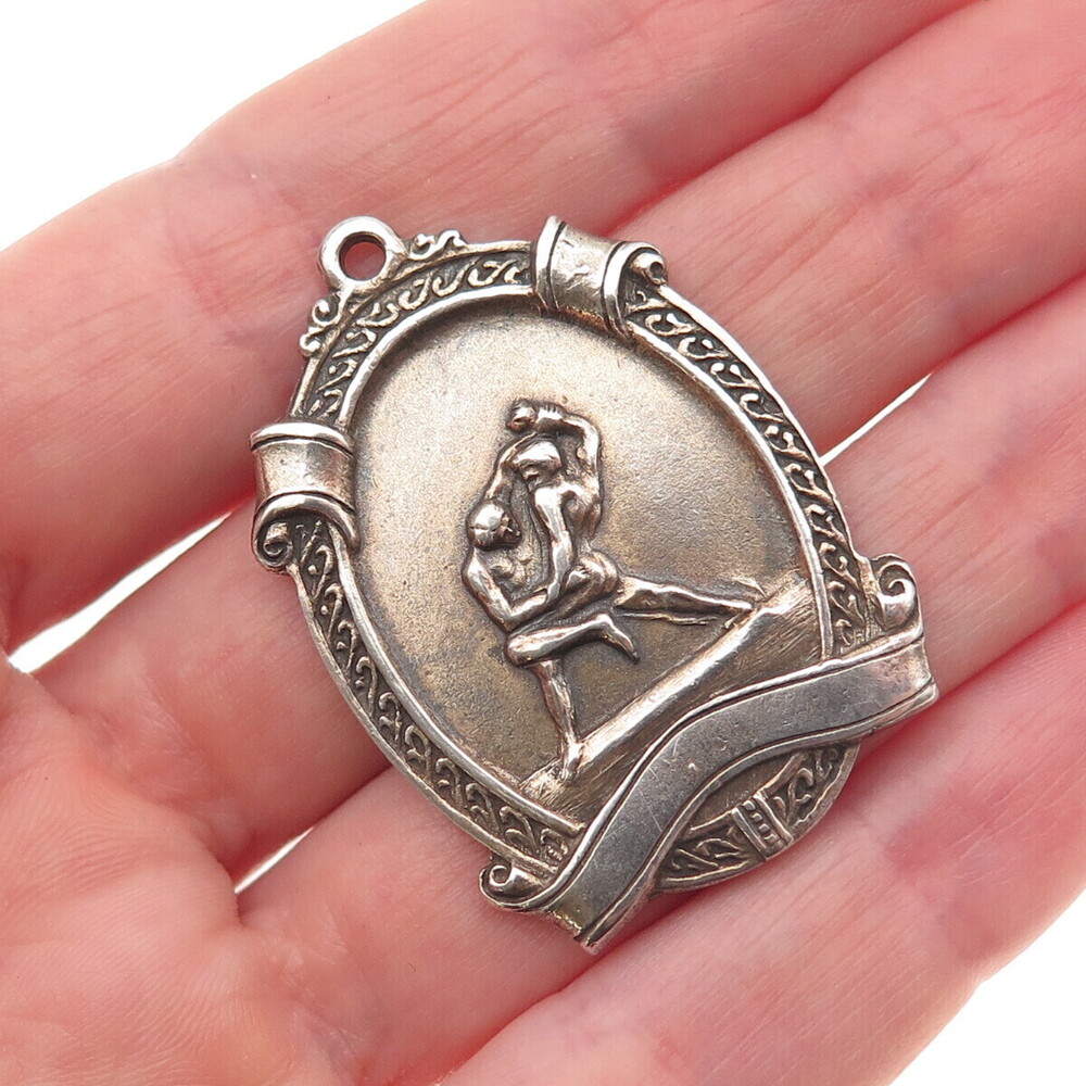 925 Sterling Silver Antique Art Deco Wrestling Medallion Oxidized Pendant